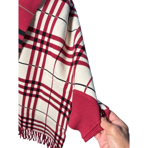 NEW Colleen Lopez Womens Plaid Fringed Wrap Shawl XL Red Black Cozy Chic Cape - Picture 3 of 10